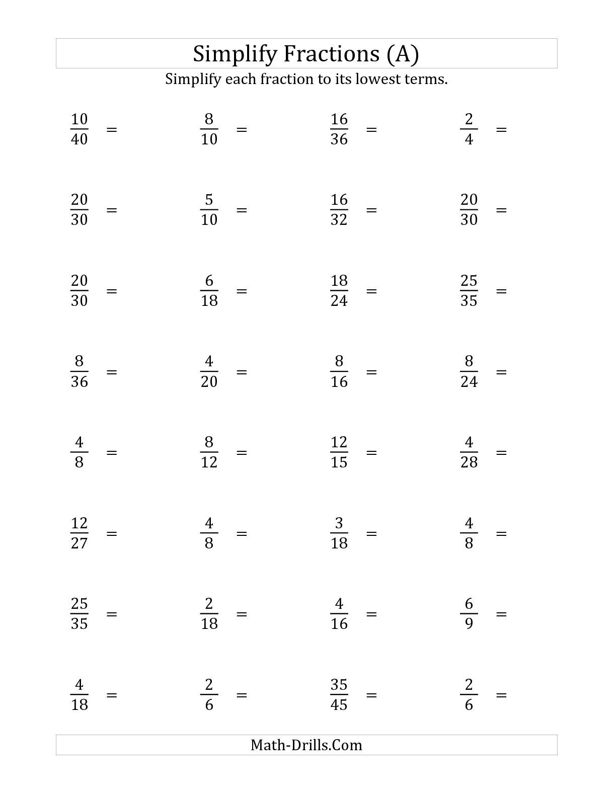 Free printable simplifying fractions worksheets