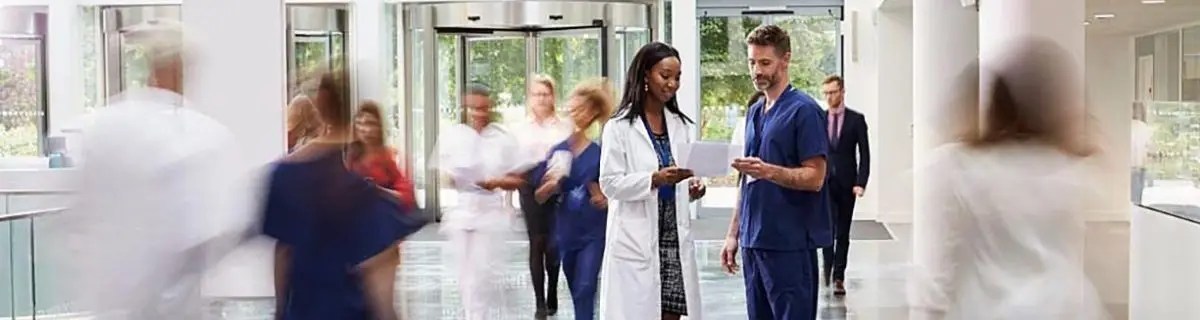 hospital staff in lobby of a healthcare facility