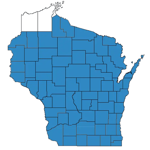 Map of Wisconsin showing counties where U.S. Water provides legionella testing services