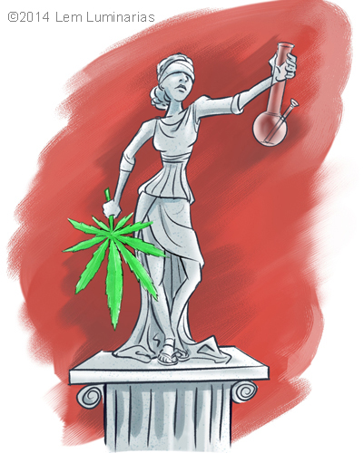 Cartoon of Lady Justice and Marijuana Legalization by Lem Luminarias