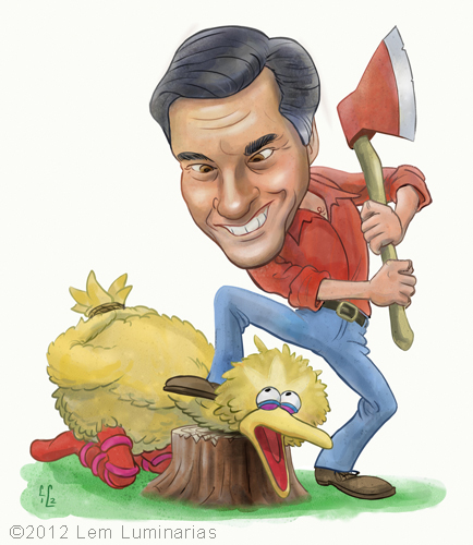 Caricature of Mitt Romney featuring Big BIrd by Lem Luminarias