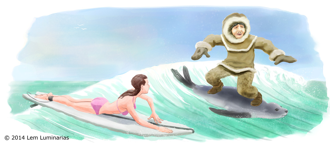 Eskimo surfing, Humorous illustration by Lem Luminarias