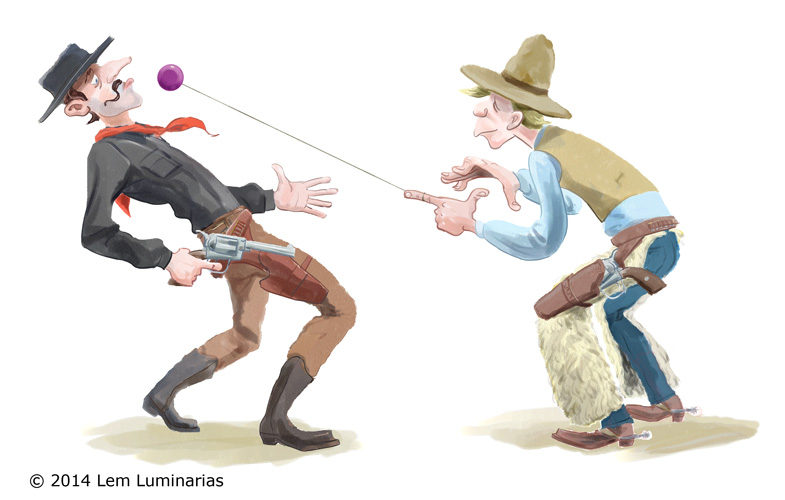 Quickdraw gunfight, humorous illustration by Lem Luminarias