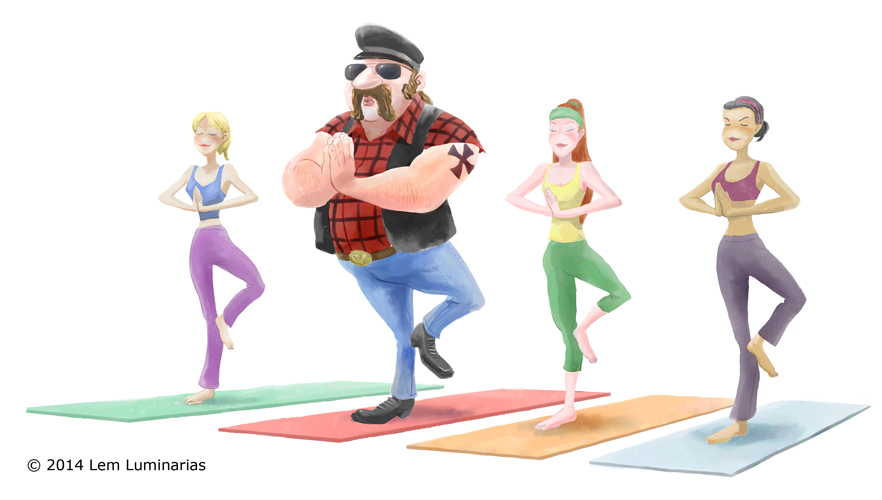 Biker yoga; humorous illustration by Lem Luminarias