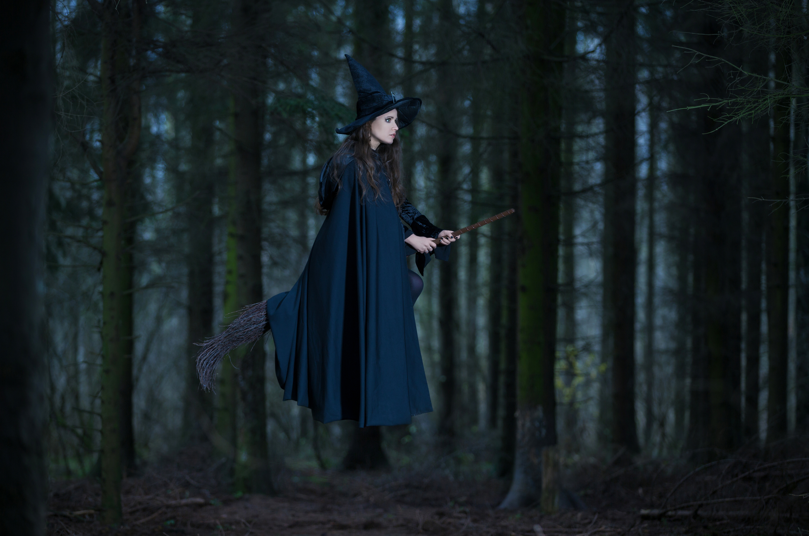 Witch flying on a broom in the forest