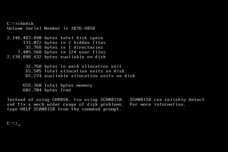 Tampilan perintah CHKDSK pada layar MS-DOS, bagian dari sejarah MS DOS Bill Gates.