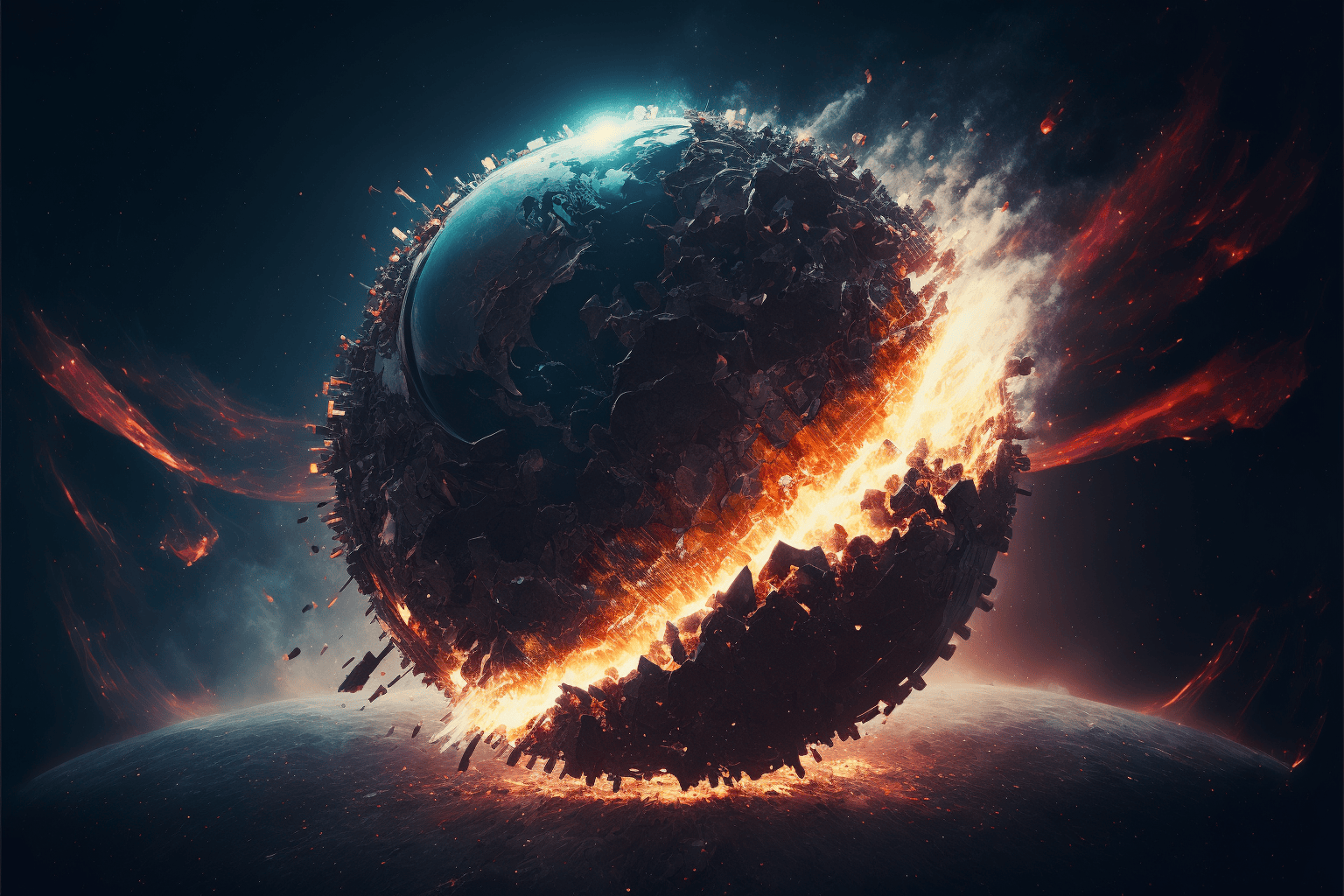 Midjourney image prompt: ultrarealistic dramatic exploding world, planet earth, scifi, --ar 3:2