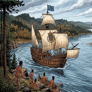 Illustration d'un navire à voile naviguant sur un fleuve entouré de forêts, avec des