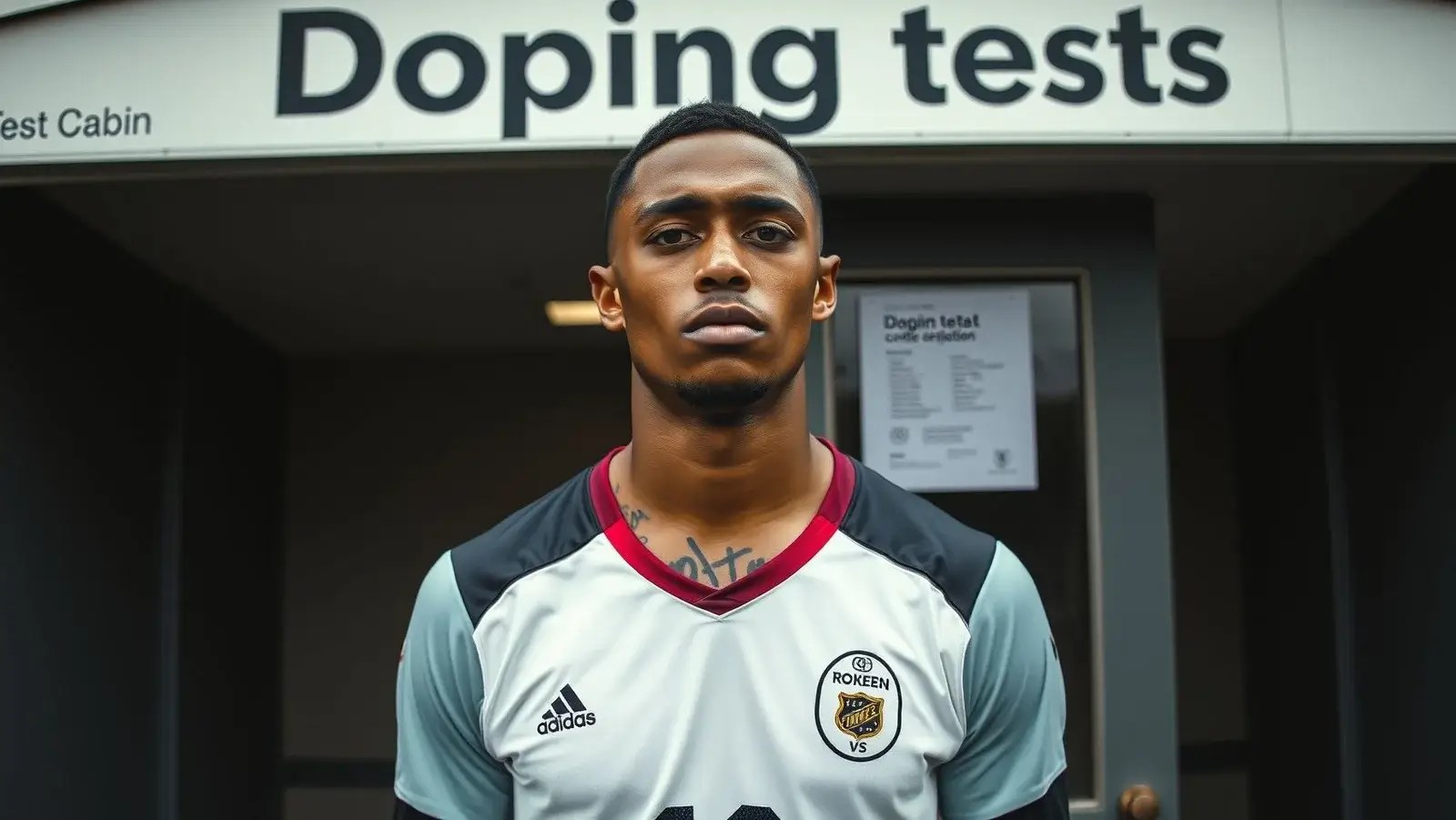 Alt: Soccer player in front of cabin for doping tests