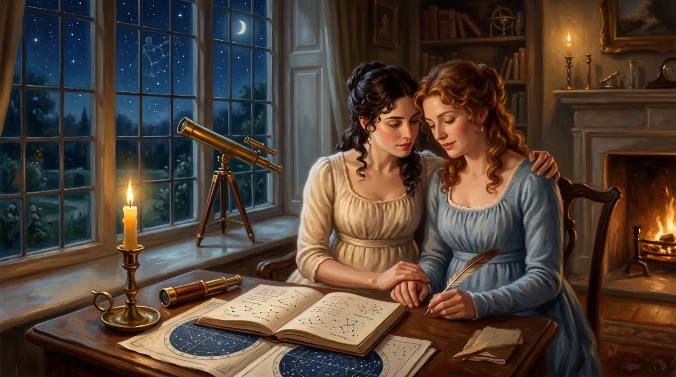 Illustration of two women in Regency gowns at a candlelit desk with a telescope and astronomy notebook, a Regency lesbian romance scene