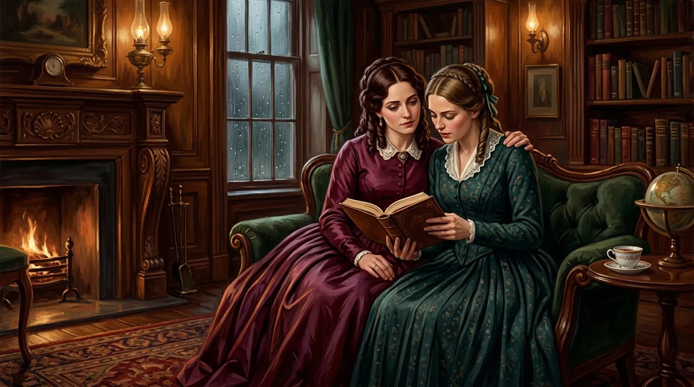 Illustration of two women in Victorian dress sharing a book in a gaslit reading room, a Victorian lesbian books scene