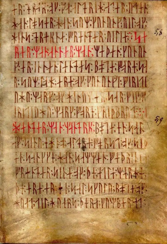 Manuscrit ancien rempli de runes tracées à l’encre brune et rouge sur un parchemin jauni, rappelant les alphabets anciens étudiés par Tolkien.