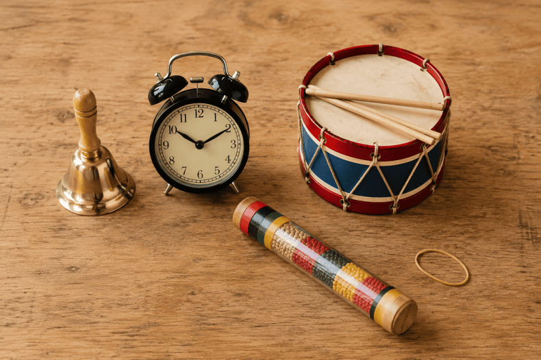 Everyday objects that make different sounds, used to teach Nursery 1 listening skills