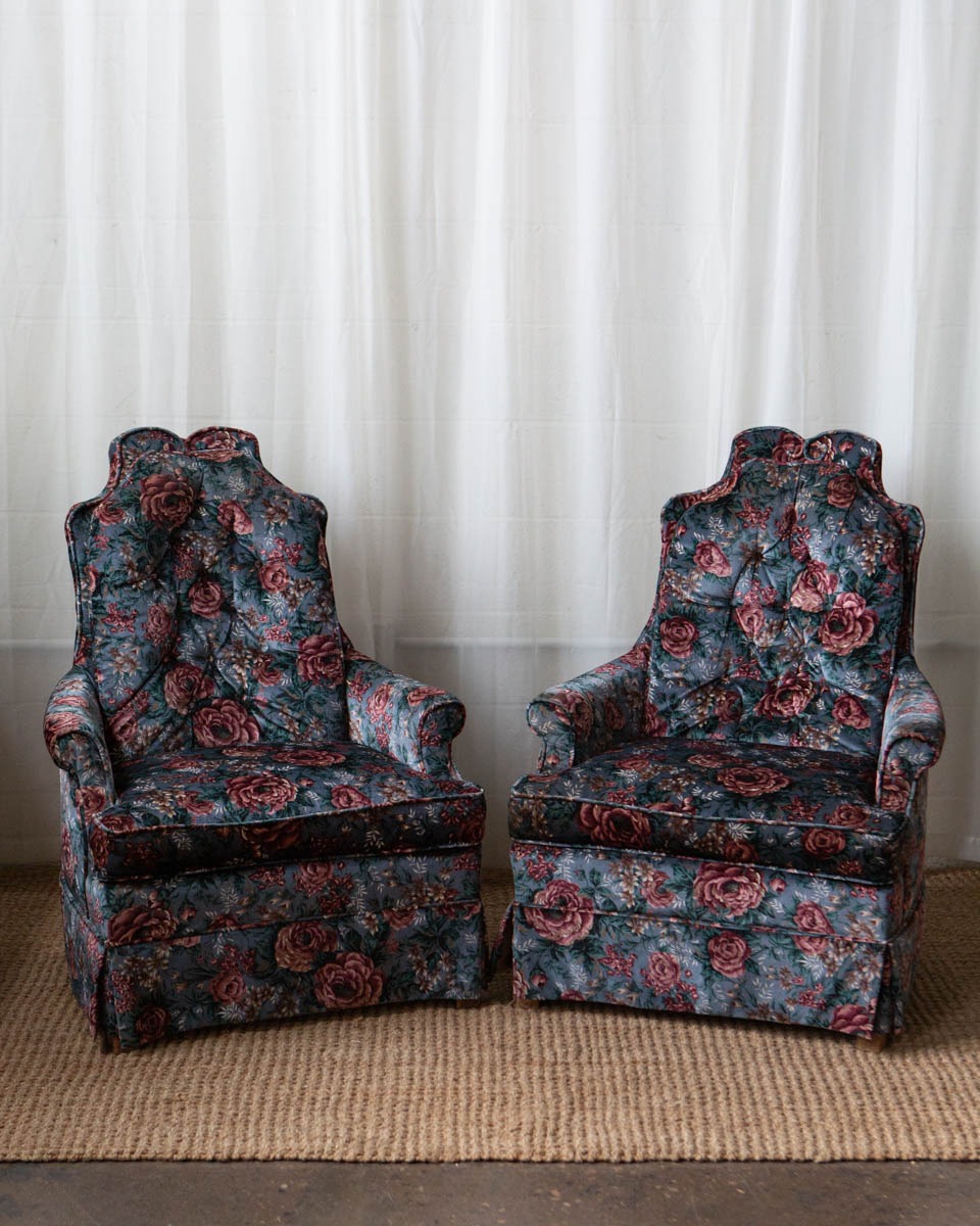 Pair of Vintage Tufted Floral Velvet High Back Chairs