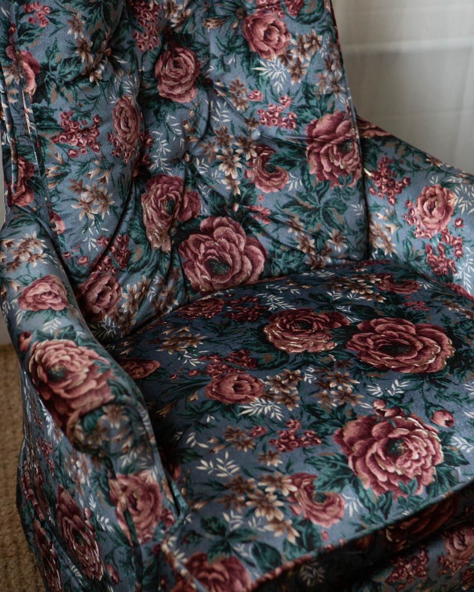 Pair of Vintage Tufted Floral Velvet High Back Chairs - Image 2
