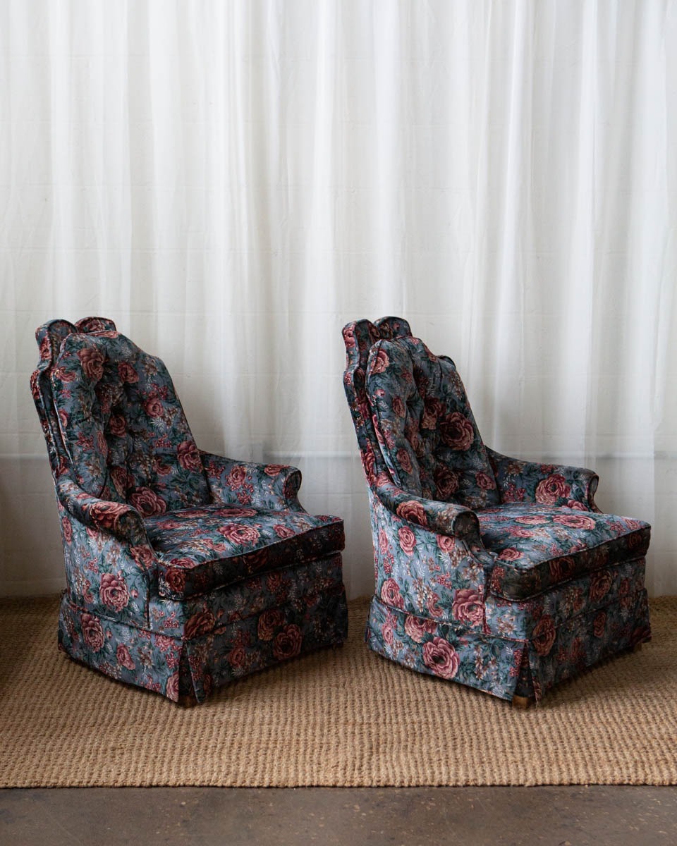 Pair of Vintage Tufted Floral Velvet High Back Chairs - Image 7