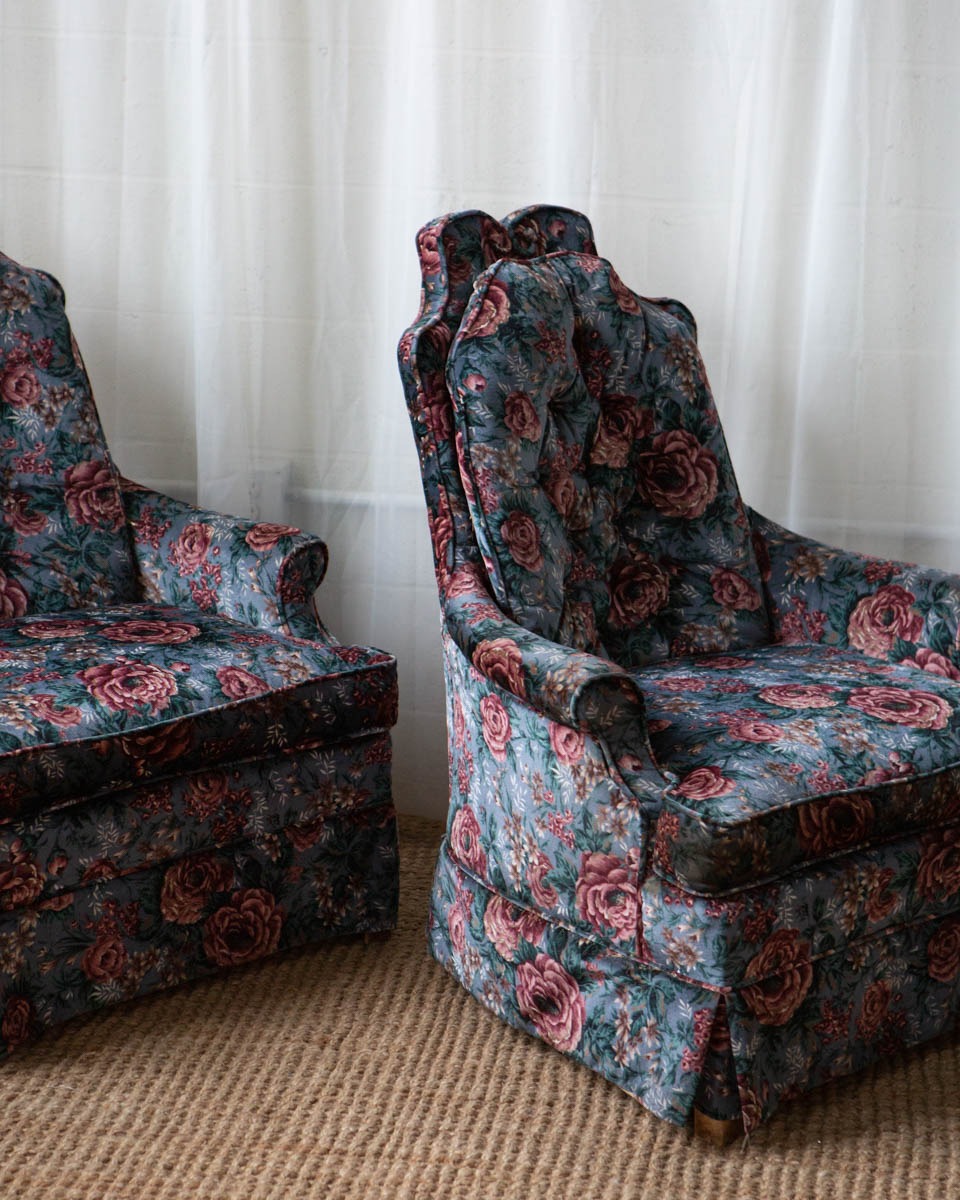 Pair of Vintage Tufted Floral Velvet High Back Chairs - Image 8