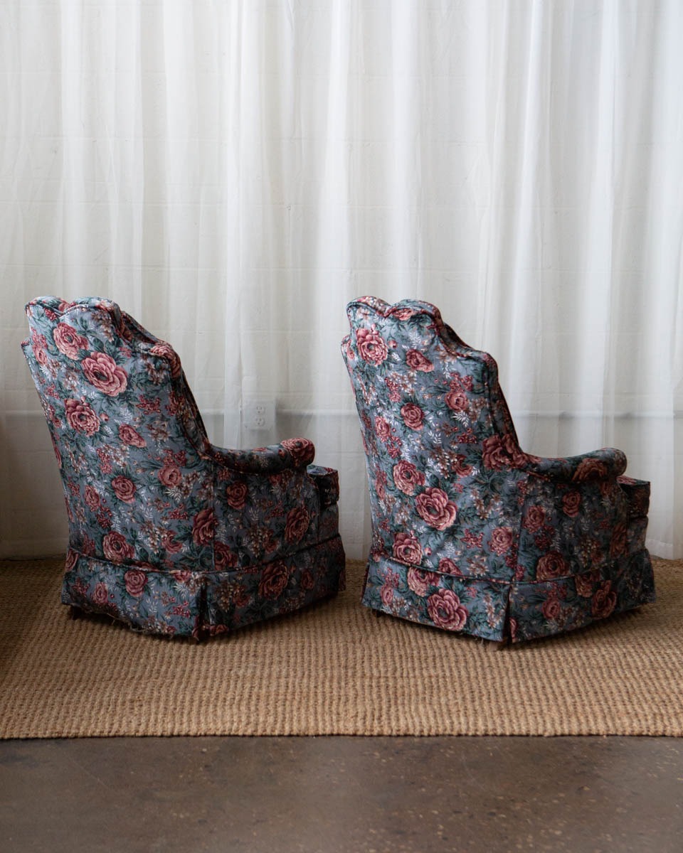 Pair of Vintage Tufted Floral Velvet High Back Chairs - Image 9