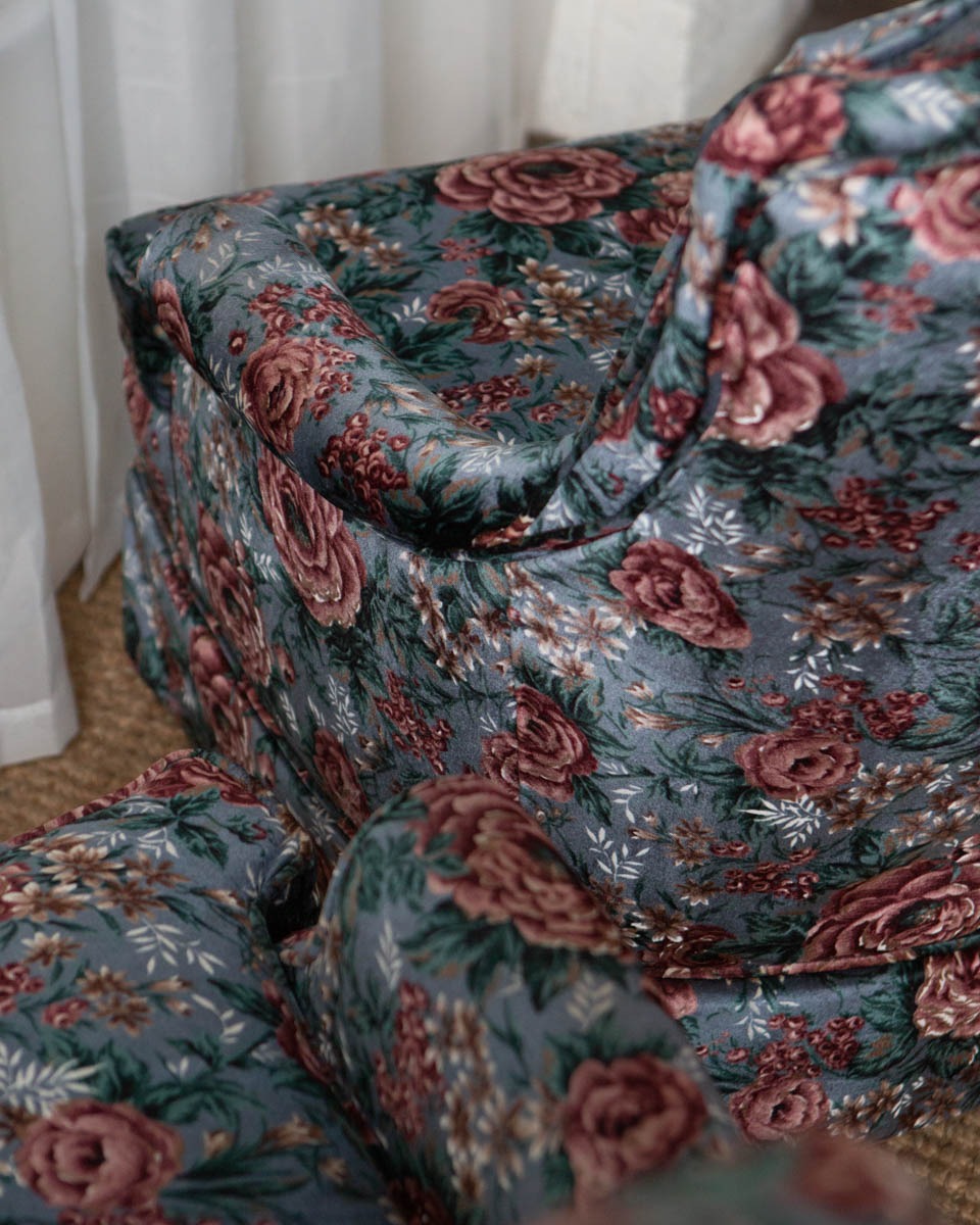 Pair of Vintage Tufted Floral Velvet High Back Chairs - Image 10