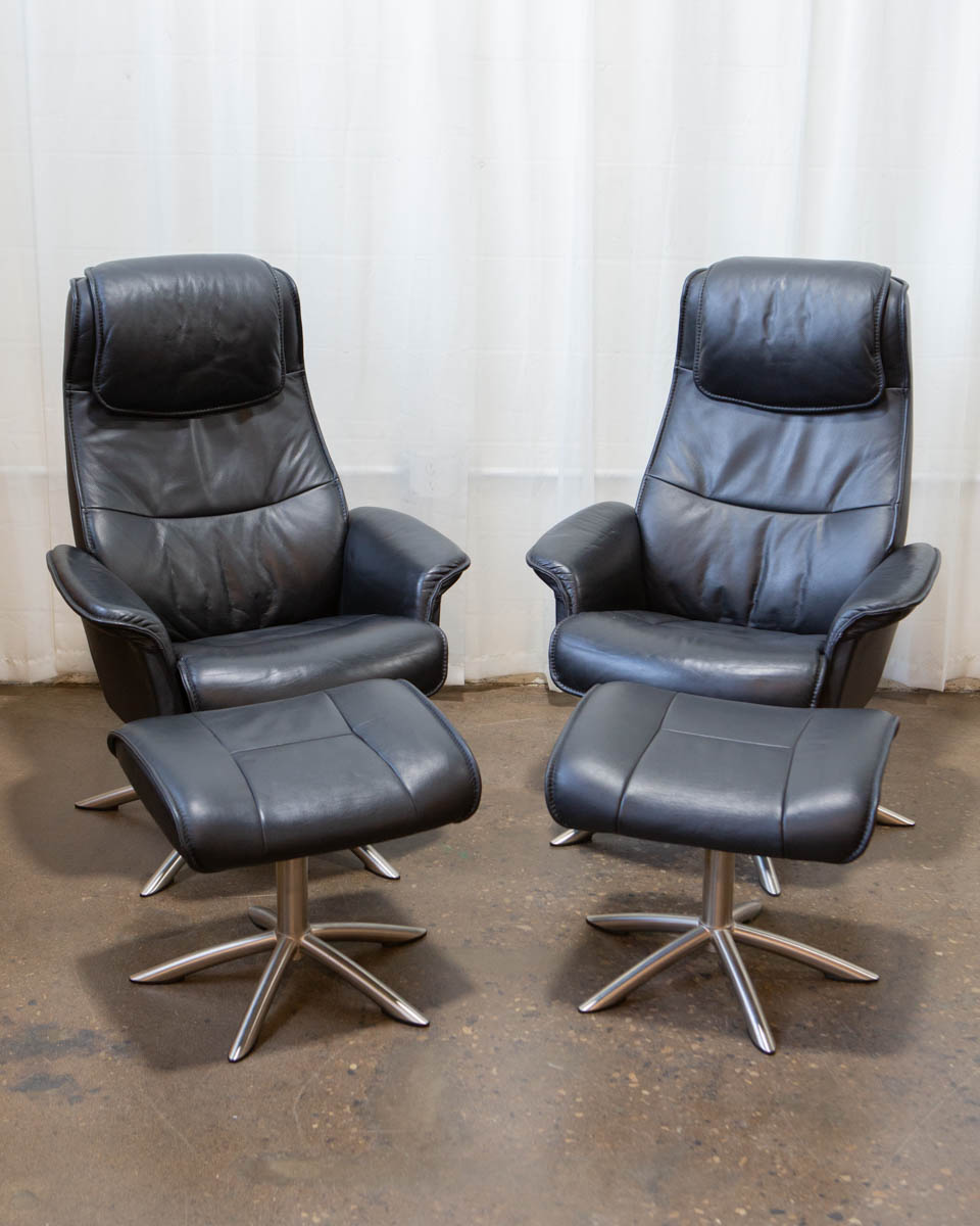 Pair IMG Comfort Norwegian Leather Lounge Chairs with Ottomans