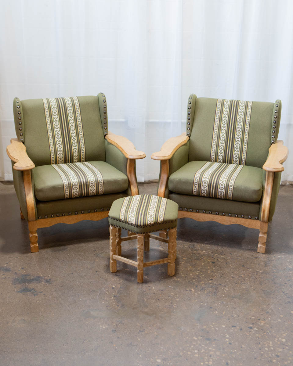 Pair Henning Kjærnulf Danish Oak Lounge Chairs with Ottoman — c. 1960s
