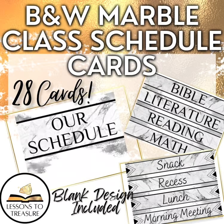 Black White Schedule Cards Classroom Pocket Folder Decor Marble