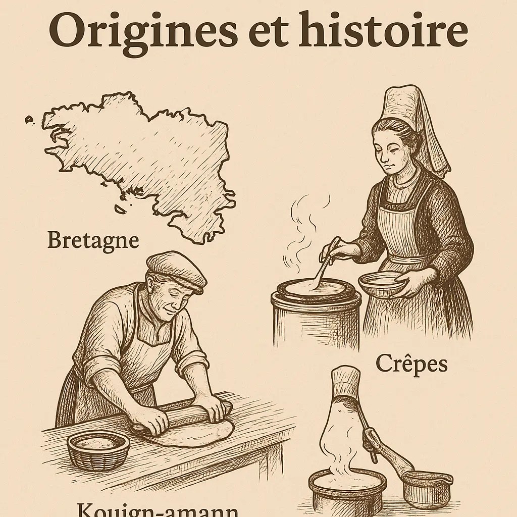 Illustration en style ancien des origines de la pâtisserie bretonne avec des scènes de préparation traditionnelle