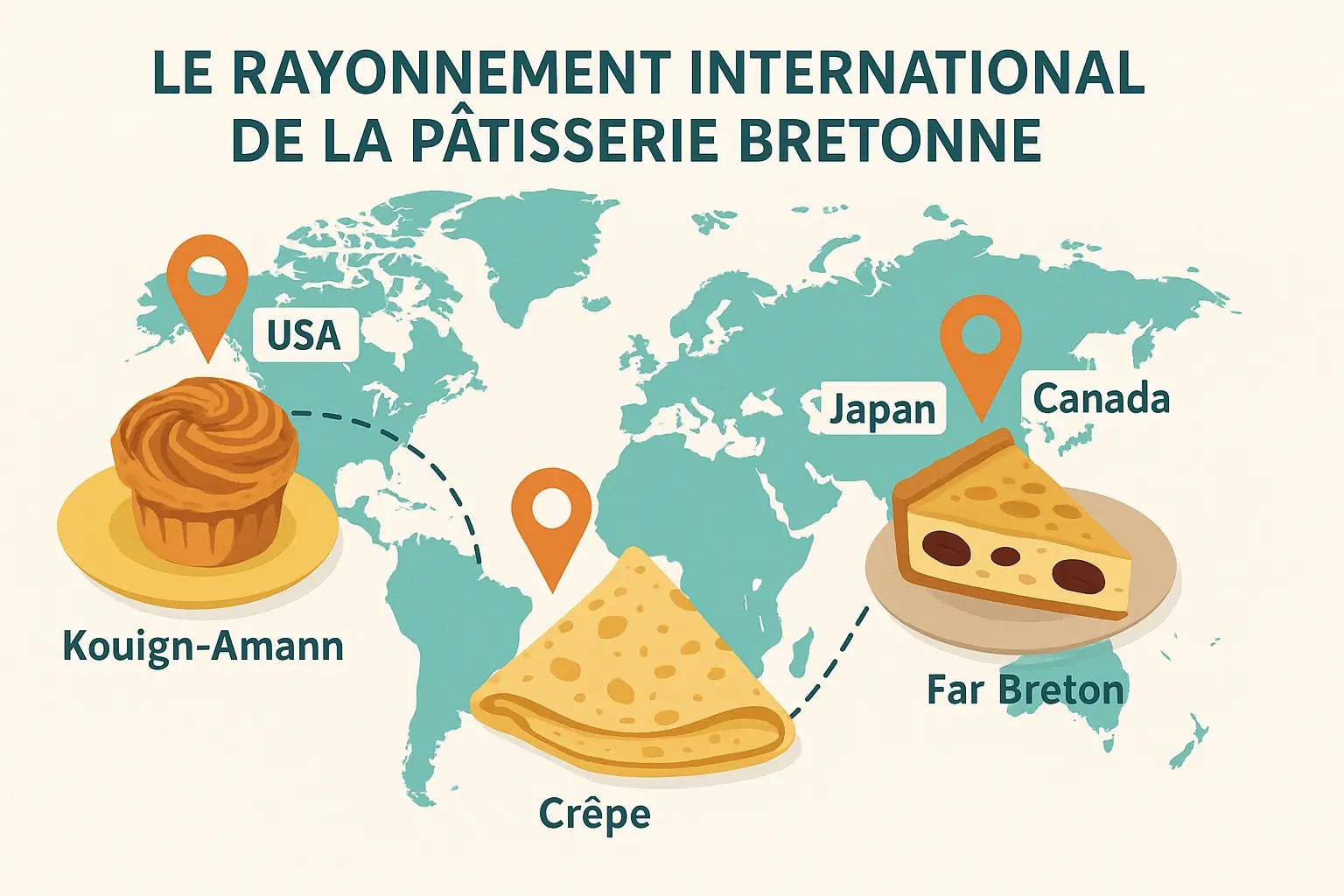 Carte du monde illustrée montrant la diffusion des pâtisseries bretonnes dans plusieurs pays