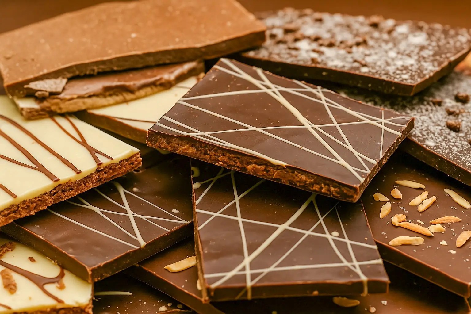 Visuel réaliste de plaques de chocolat à casser faites maison, garnies de praliné, fruits secs et éclats croustillants.