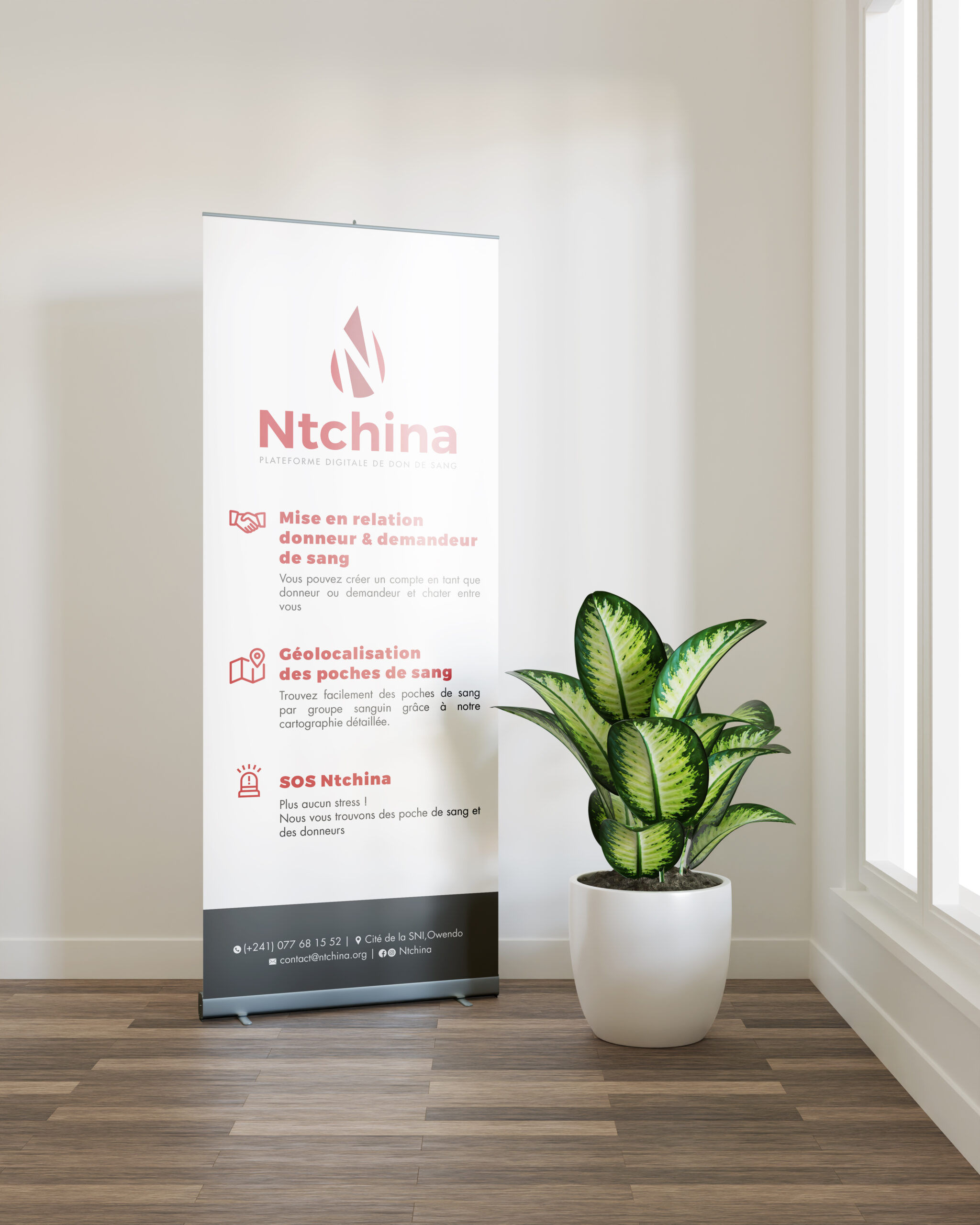 Roll up banner mockup with a plant beside the window