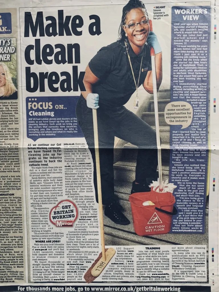 Image of press article featuring a cleaning apprentice