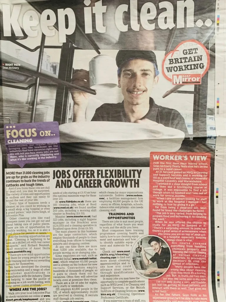Image of press article featuring a cleaning apprentice
