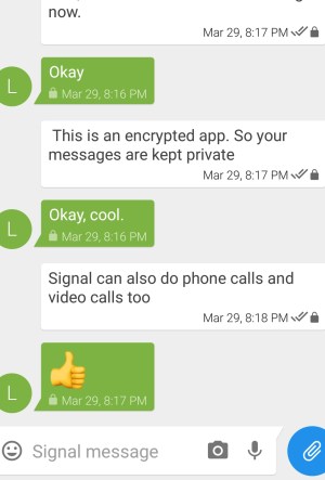 screenshot of text conversation between two Signal users