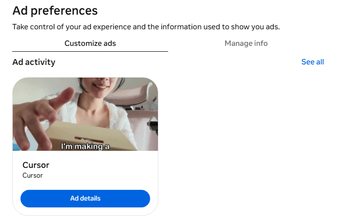 screenshot of Meta Accounts Center - Customize ads tab