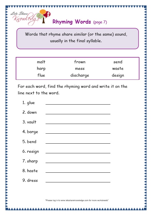Grade 3 grammar topic 32: rhyming worksheets