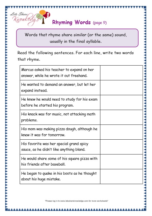 Grade 3 grammar topic 32: rhyming worksheets