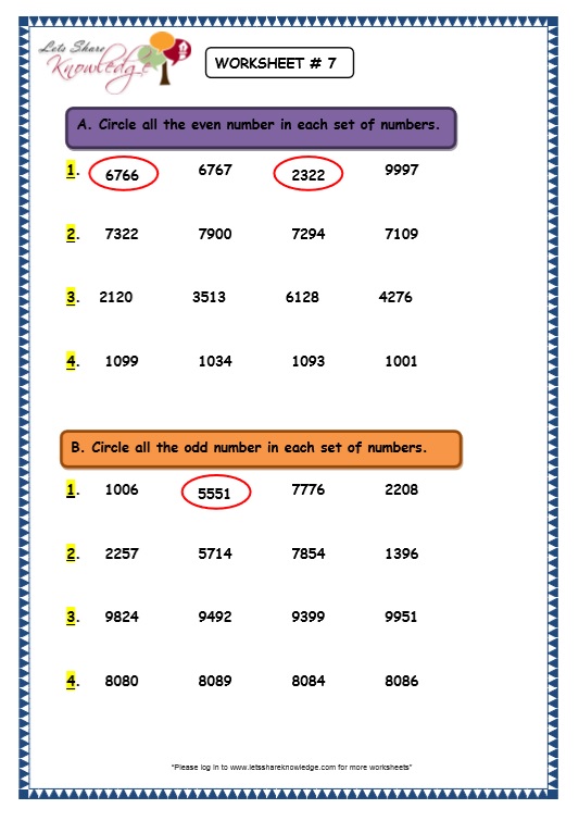 Grade 3 maths worksheets: 4 digit numbers (1.10 even and odd numbers)