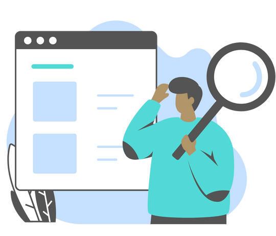 Person with a magnifying glass looking at a blog page on a device.