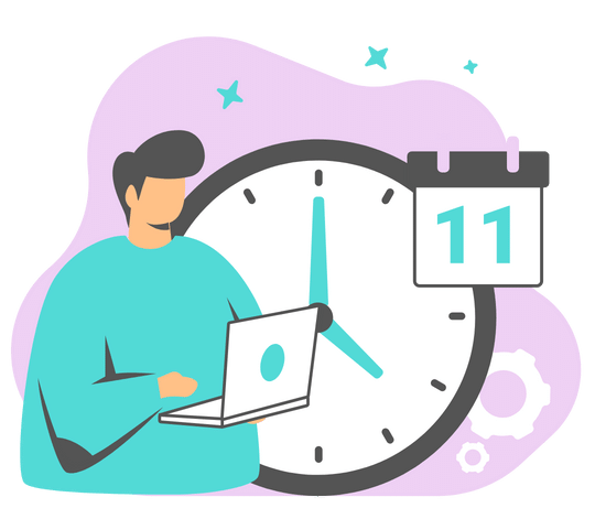 Person using a laptop with a calendar and clock behind them.