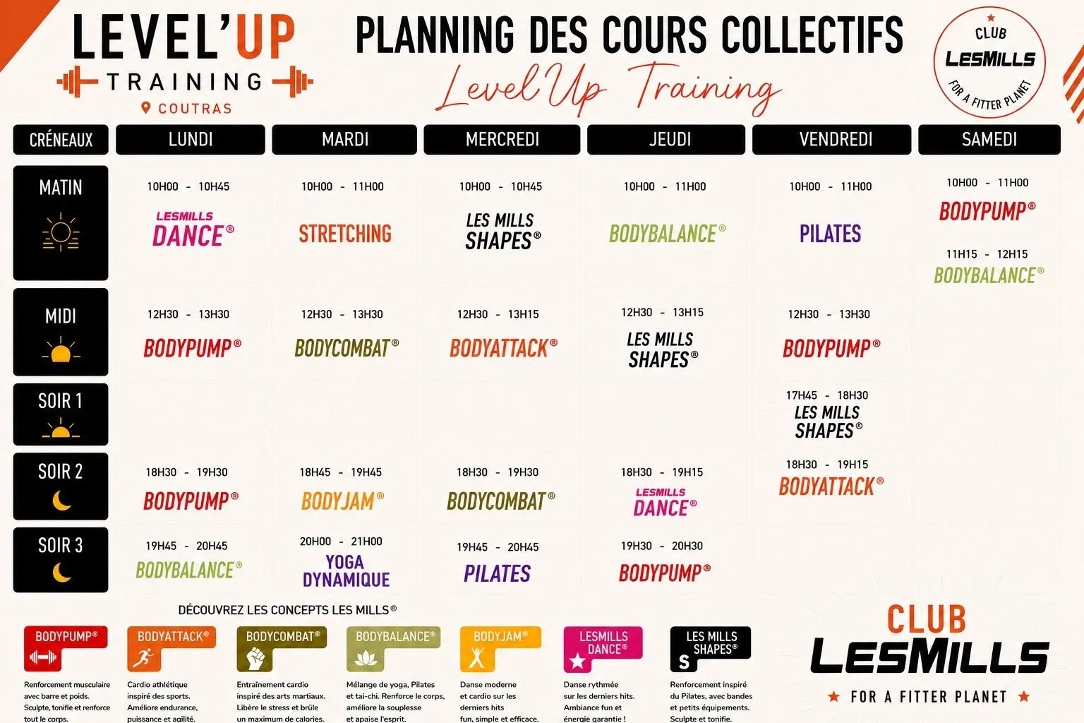 Planning des cours collectifs Level'Up Training Coutras