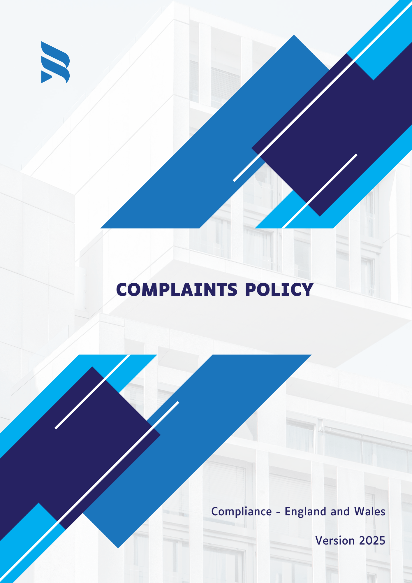 Cover page of a professionally drafted Complaints Policy template designed for businesses, featuring clear layout and 2025 England & Wales legal compliance.