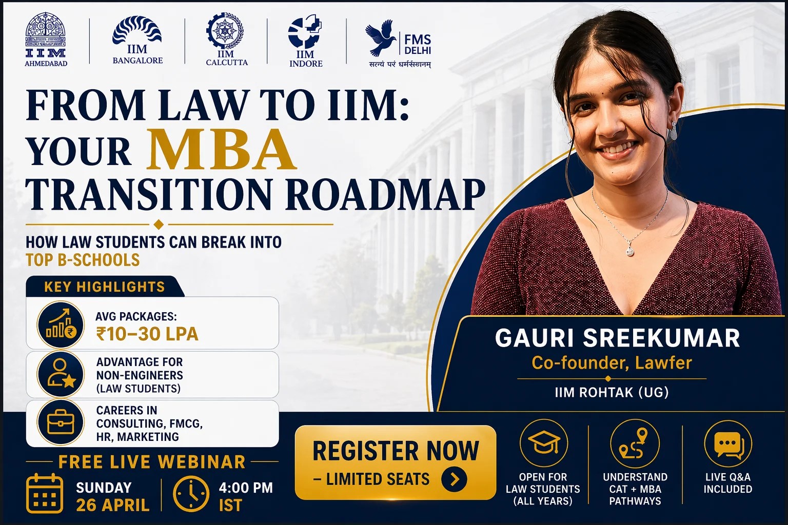 Free Webinar on MBA After Law by Gauri Sreekumar (IIM Rohtak): Register Now!