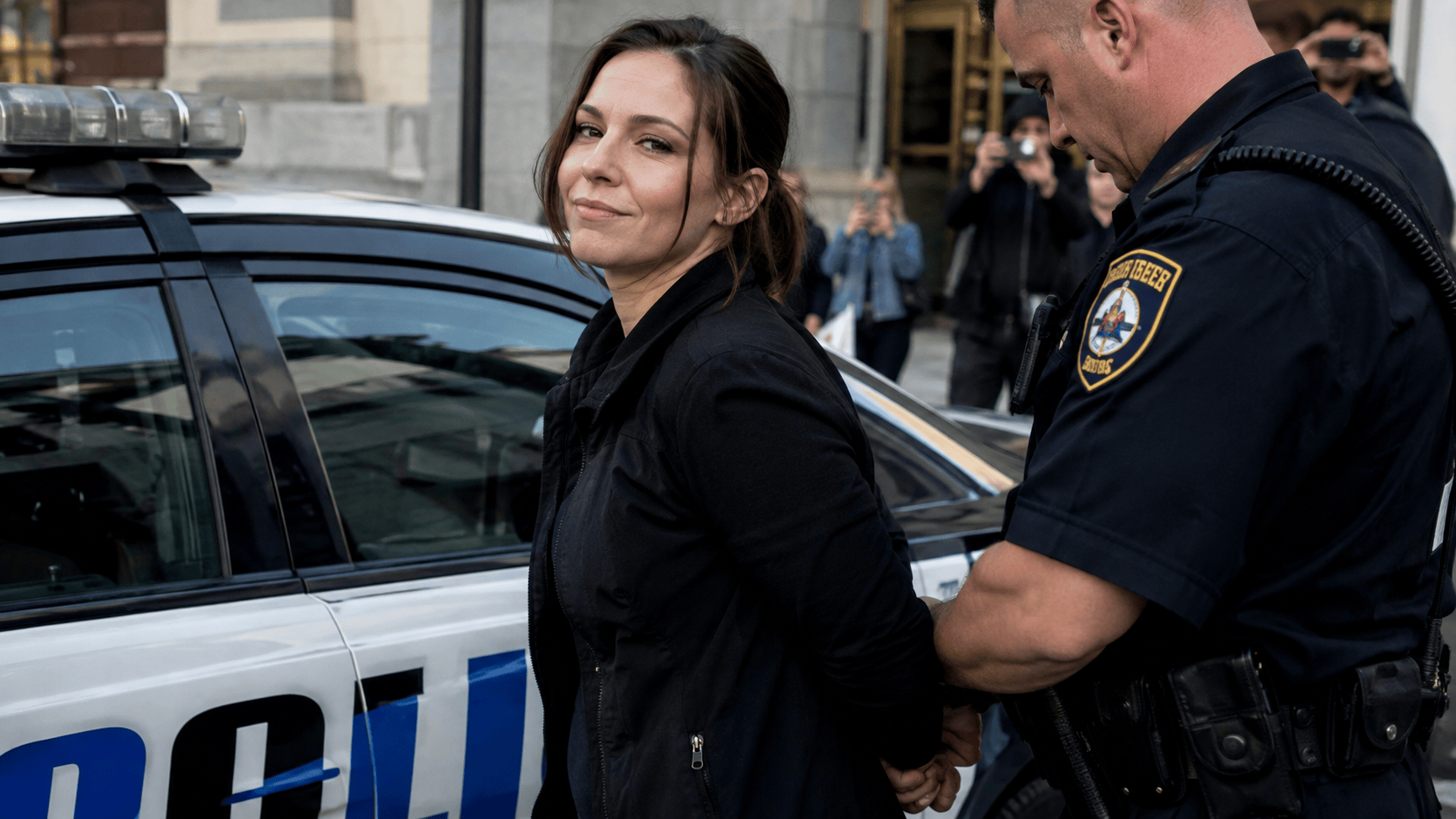 A woman with a slight smirk on her face being handcuffed by a police officer beside a marked police cruiser, with onlookers and photographers in the background.