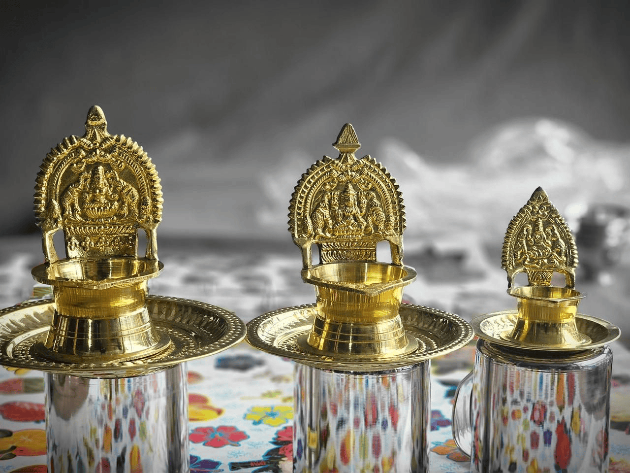 Traditional brass Kamakshi Amman oil lamps