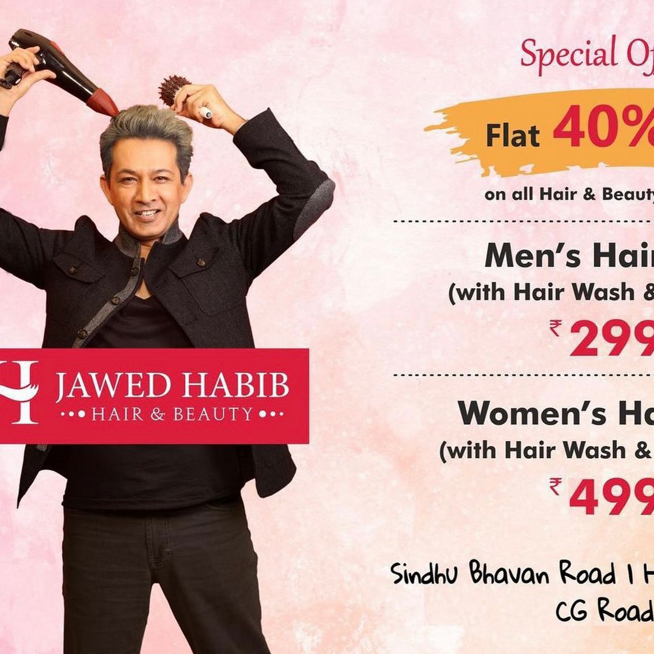 Haircut men 350 women 500 hairwash shampoo men 100 women 150 children boy 200 girl . Jawed Habib Hair Beauty Sindhu Bhavan Hairdresser In Ahmedabad