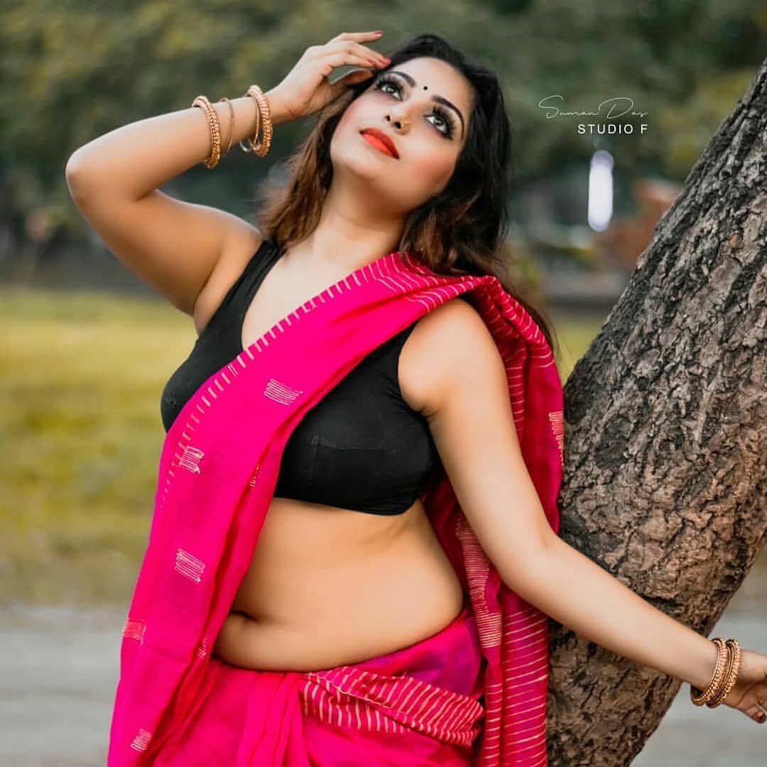 Rupsa Saha Chowdhury Hot Red Saree Black Sleeveless Blouse Photoshoot Hot Navel 112338 | Hot Sex Picture