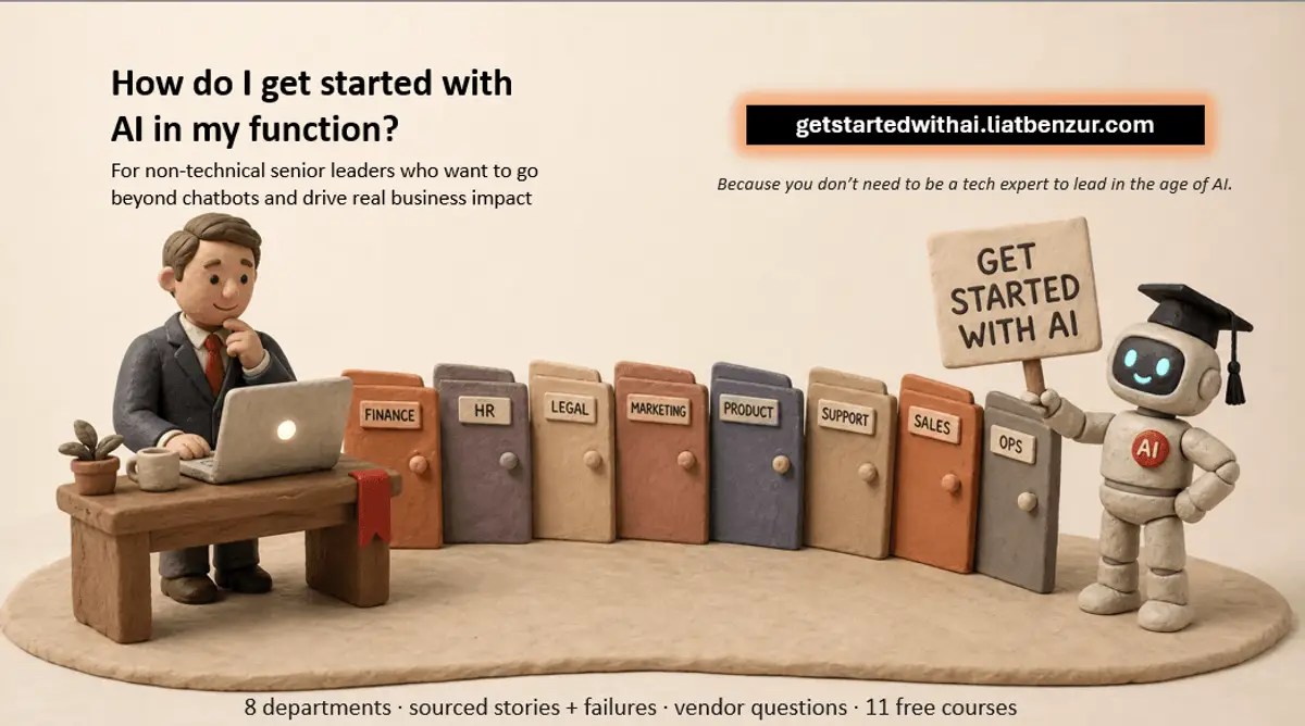 How do I get started with AI in my function? For non-technical senior leaders. Eight clay doors labelled by department, a robot holding a Get Started with AI sign.