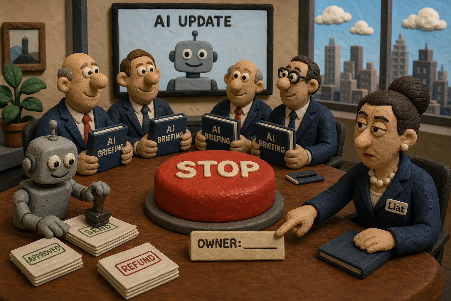 Claymation boardroom. A robot stamps SEND, APPROVED, and REFUND while directors hold AI briefing binders. A red STOP button sits on the table with a blank owner line.