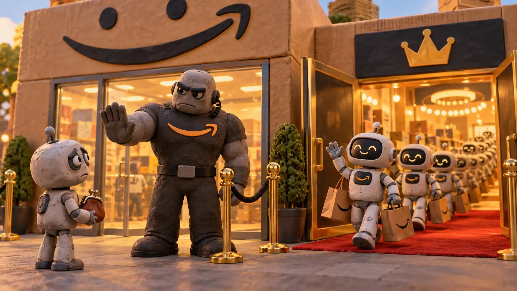 Claymation scene: a shopper robot turned away at an Amazon storefront while Amazon's own robots stream through a VIP door.
