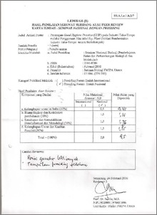 Judul karya ilmiah (artikel) : Hasil Penilaian Sejawat Sebidang Atau Peer Review Karya Ilmiah Seminar Nasional Dengan Prosiding Penerapan Good Hygiene Practice Ghp Pada Industri Tahu Tempe Melalui Penggunaan Alat Mini Soy Plant Inisiasi Pembentukan Industri Tahu Tempe